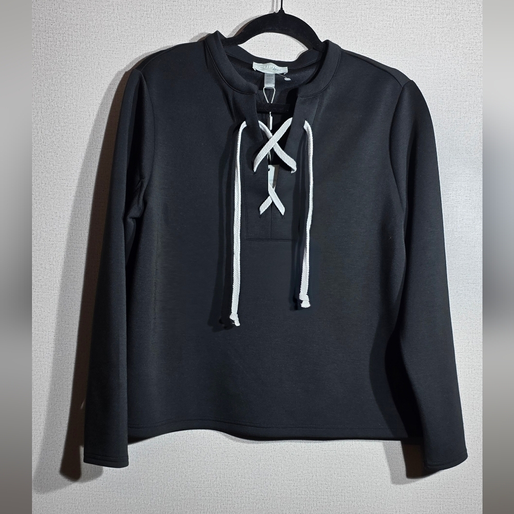 Cupio Black Lace-Up Pullover Top with White Drawstrings